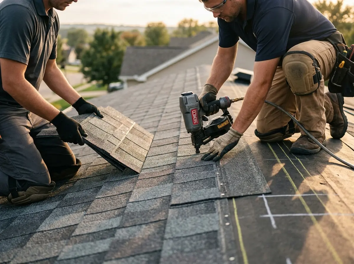 Professional roofer working on a residential roof in Fountain